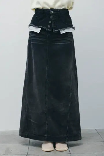 [予約/SET]シアーベロアハーフスリーブTOPS+レイヤードデニムロングスカート(2set)