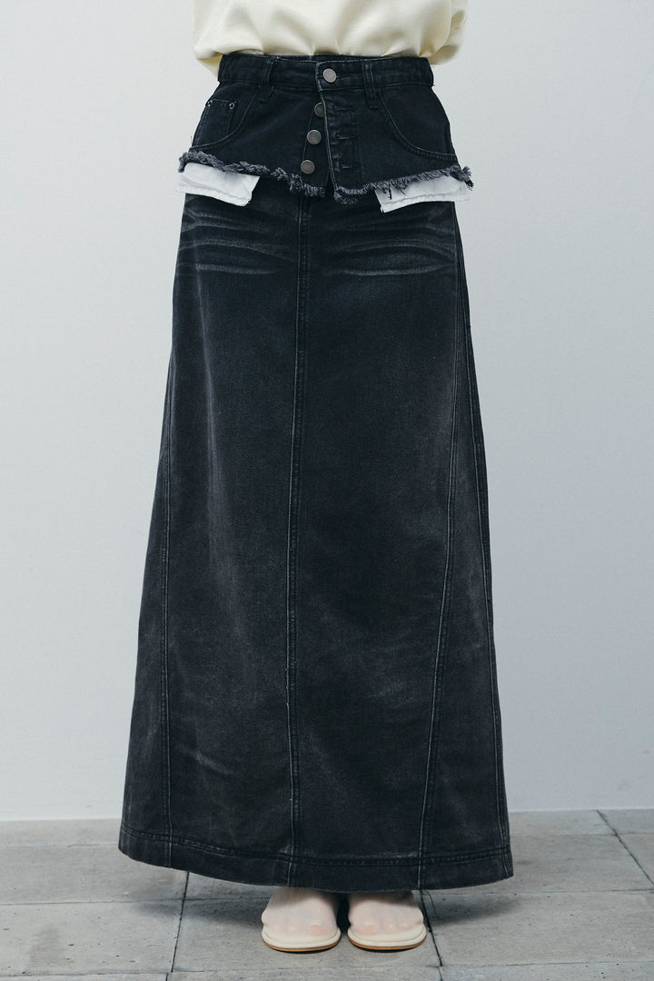 サテン2wayトップス+レイヤードデニムロングスカート(2set)