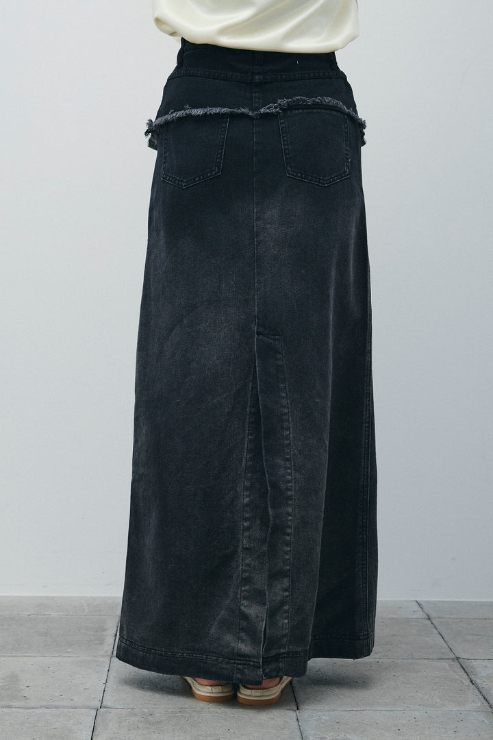 サテン2wayトップス+レイヤードデニムロングスカート(2set)