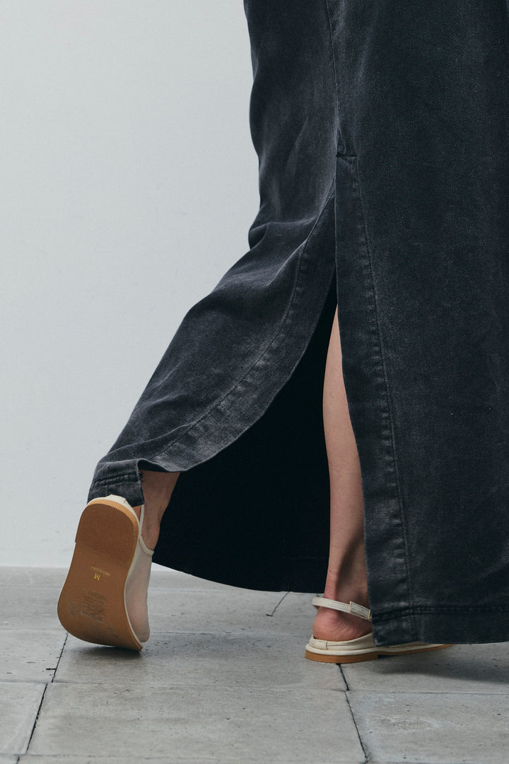 サテン2wayトップス+レイヤードデニムロングスカート(2set)