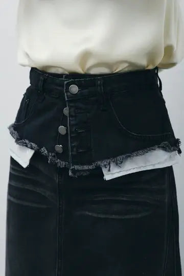 [予約/SET]シアーベロアハーフスリーブTOPS+レイヤードデニムロングスカート(2set)