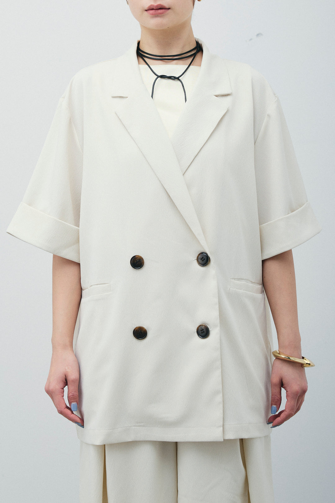 [予約/SET]クレープ半袖ダブルジャケット+サテン2wayトップス+クレープタックワイドパンツ(3set)