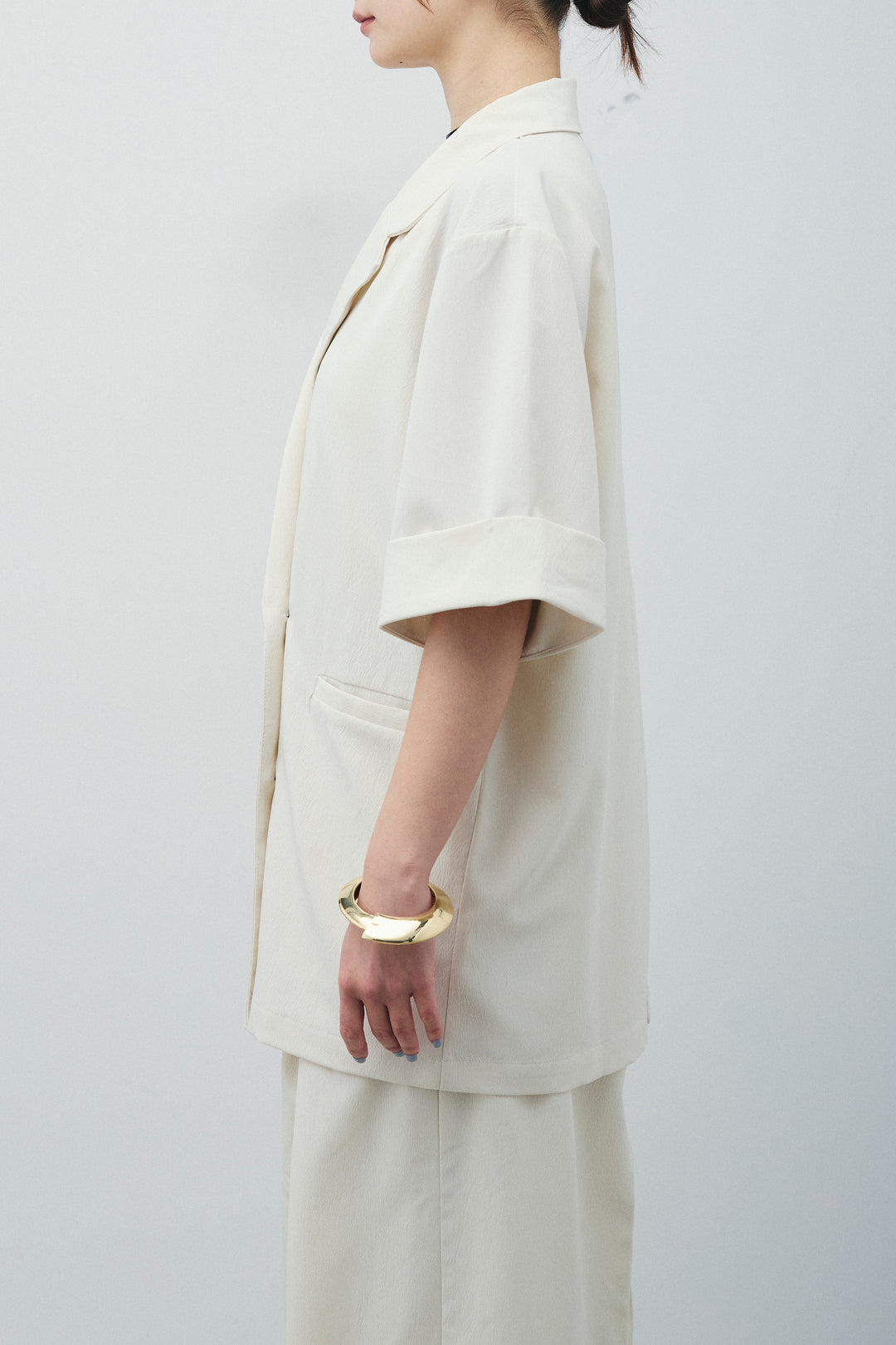 [予約/SET]クレープ半袖ダブルジャケット+サテン2wayトップス+クレープタックワイドパンツ(3set)