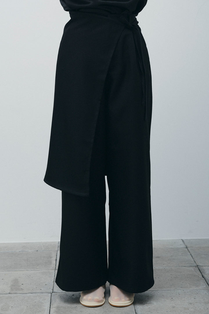 [予約/SET]サテン2wayトップス+ヘザーツイルラップスカート付きパンツ(2set)