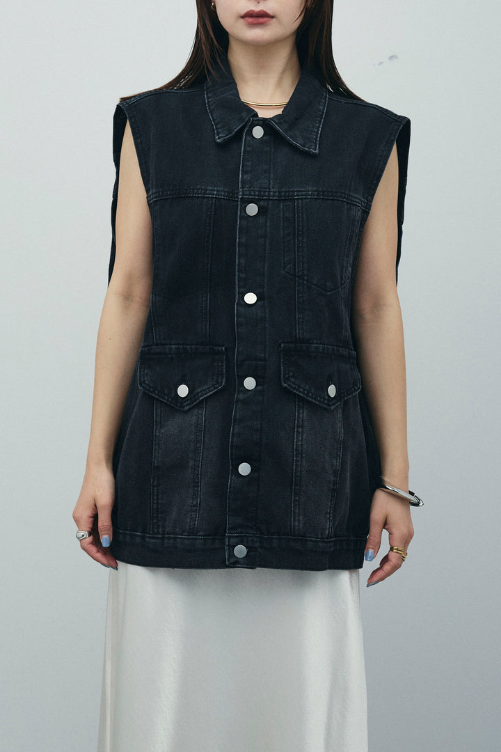 [予約/SET]ヴィンテージライクノースリデニムジャケット+クロップドカップ付きキャミ+サテンナロースカート(3set)