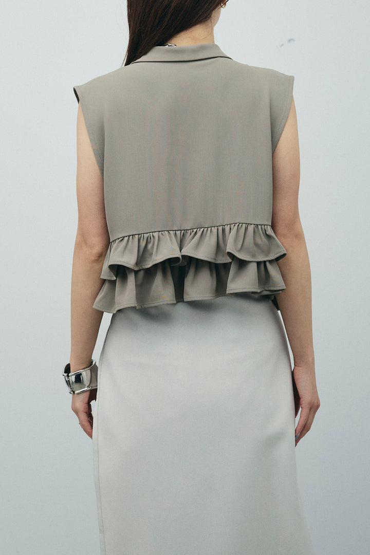 [予約/SET]バックフリルヘムショートテーラードベスト+クロップドカップ付きキャミ(2set)