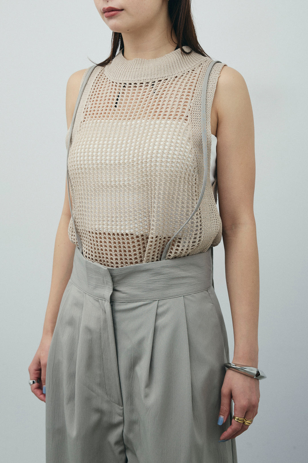 [予約/SET]スウェードライクロングフリンジジレ+ネーム入りアメスリタンク+クレープタックワイドサロペット(3set)