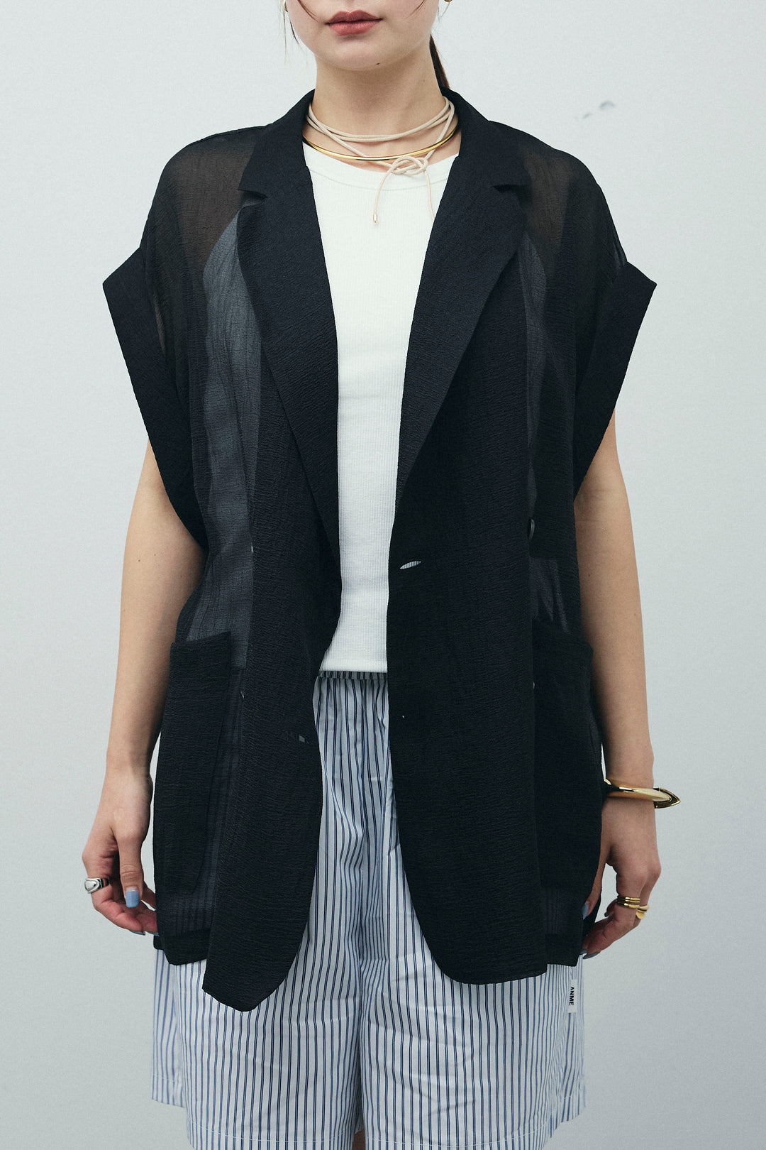 [予約/SET]ラメワッシャーダブルジレ+フロントジップアメスリデニムオールインワン(2set)