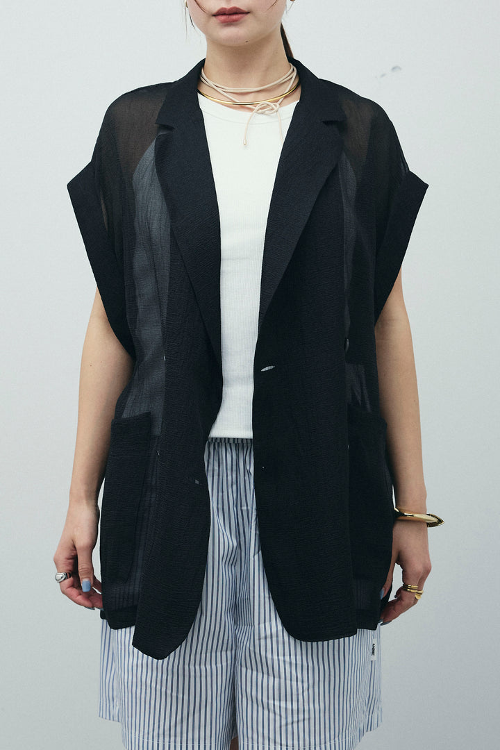 [予約/SET]ラメワッシャーダブルジレ+カップ付きホルターネックタンク+ウエスト巻きストライプワイドパンツ(3set)