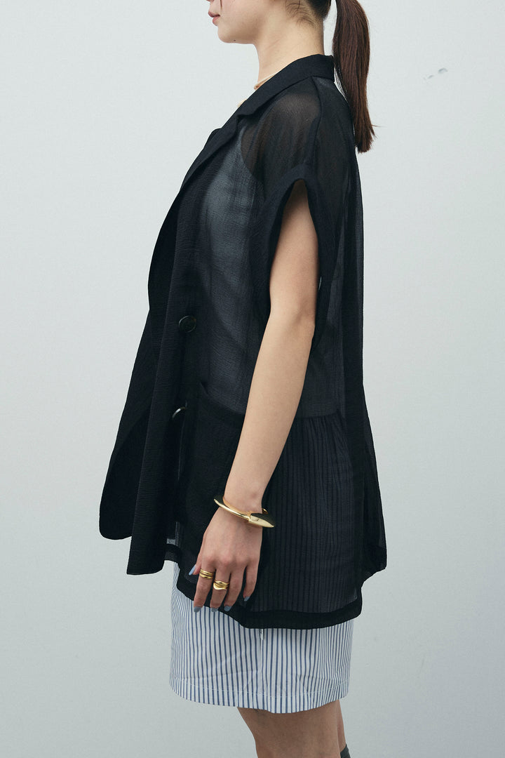 [予約/SET]ラメワッシャーダブルジレ+ウエスト巻きストライプワイドパンツ(2set)