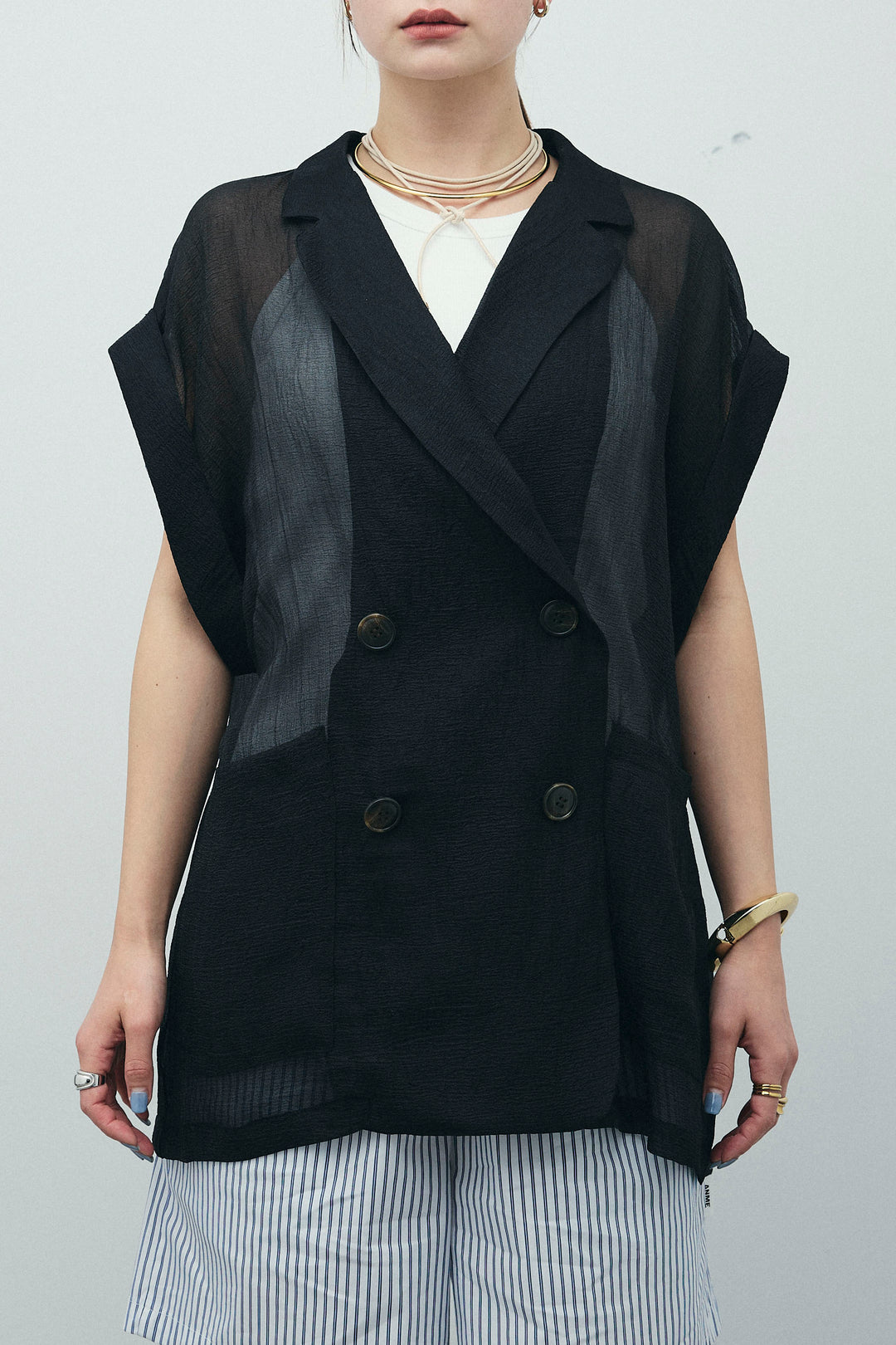 [予約/SET]ラメワッシャーダブルジレ+フロントジップアメスリデニムオールインワン(2set)