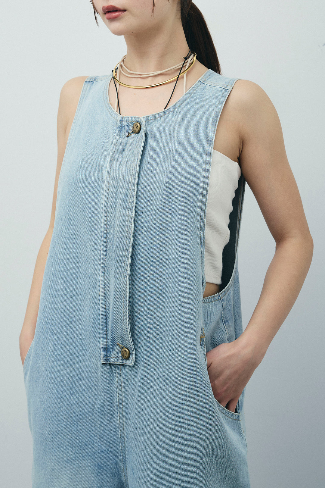 [予約/SET]ラメワッシャーダブルジレ+フロントジップアメスリデニムオールインワン(2set)