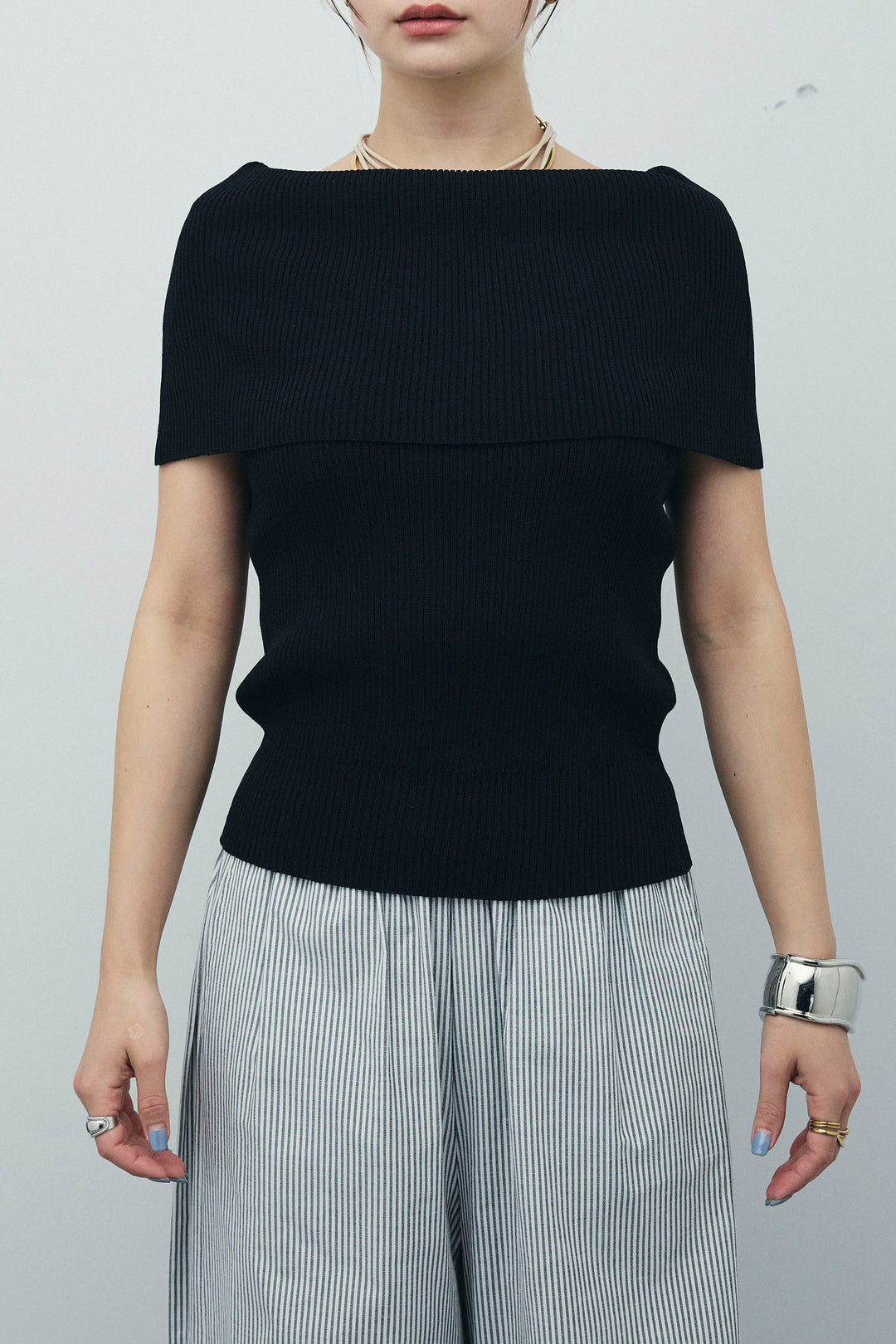 [予約/SET]リブオフショルプルオーバー+ウエスト巻きストライプワイドパンツ(2set)