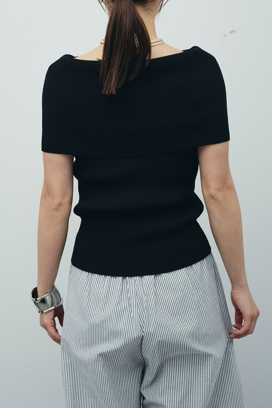 [予約/SET]リブオフショルプルオーバー+ウエスト巻きストライプワイドパンツ(2set)