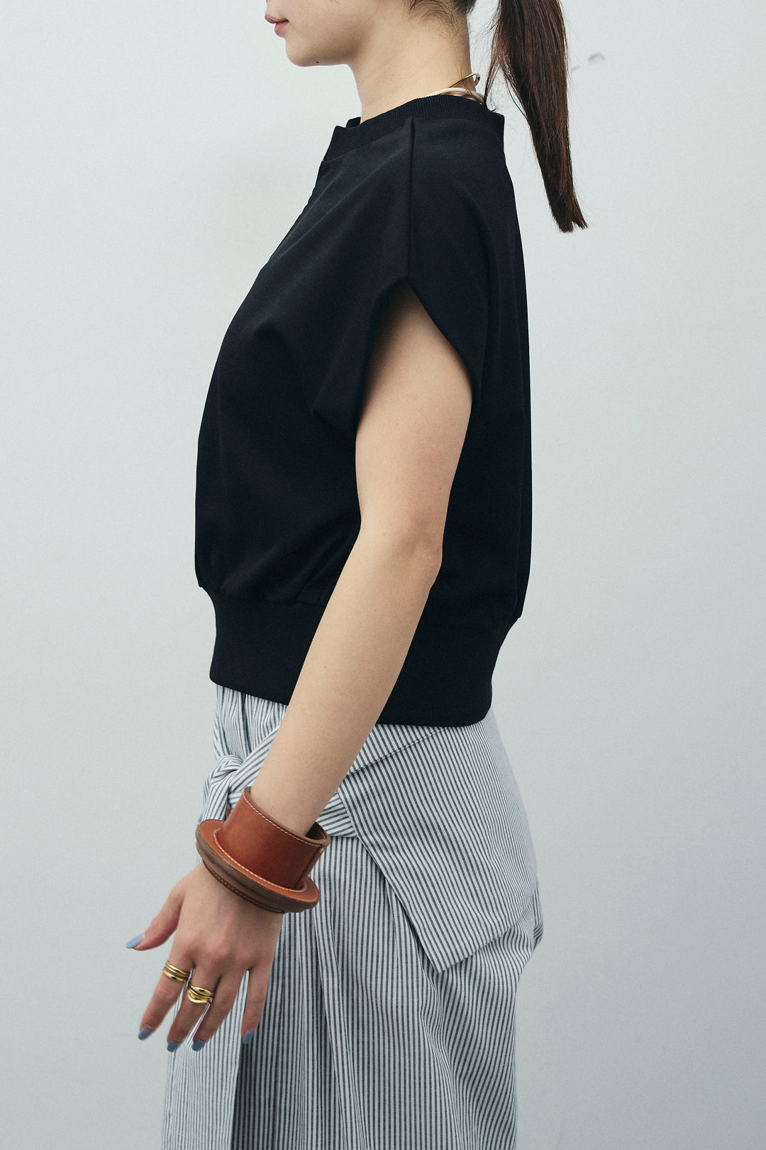 [予約/SET]前後2WAYポンチフレンチスリーブTシャツ+ウエスト巻きストライプワイドパンツ(2set)