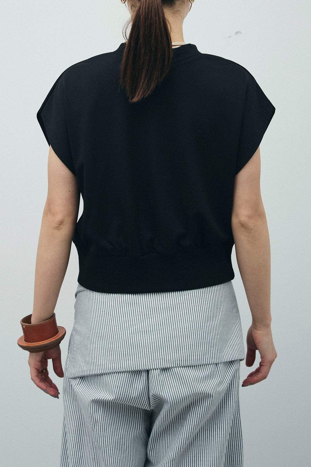 [予約/SET]前後2WAYポンチフレンチスリーブTシャツ+ウエスト巻きストライプワイドパンツ(2set)