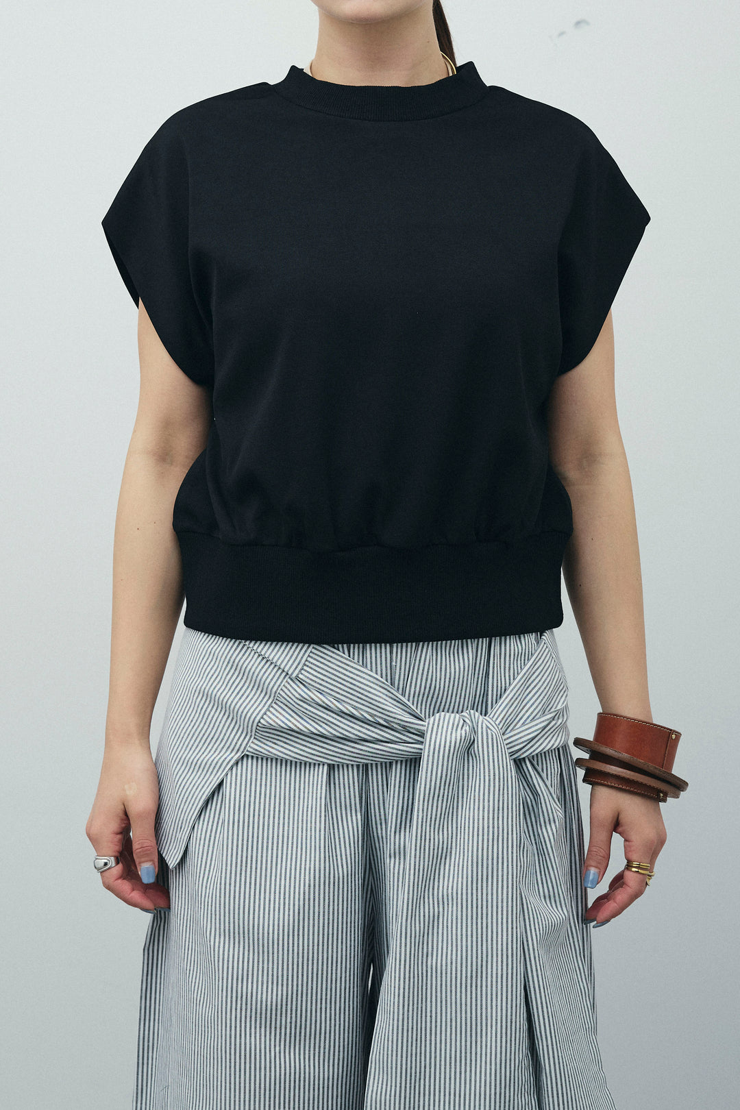 [予約/SET]前後2WAYポンチフレンチスリーブTシャツ+ウエスト巻きストライプワイドパンツ(2set)