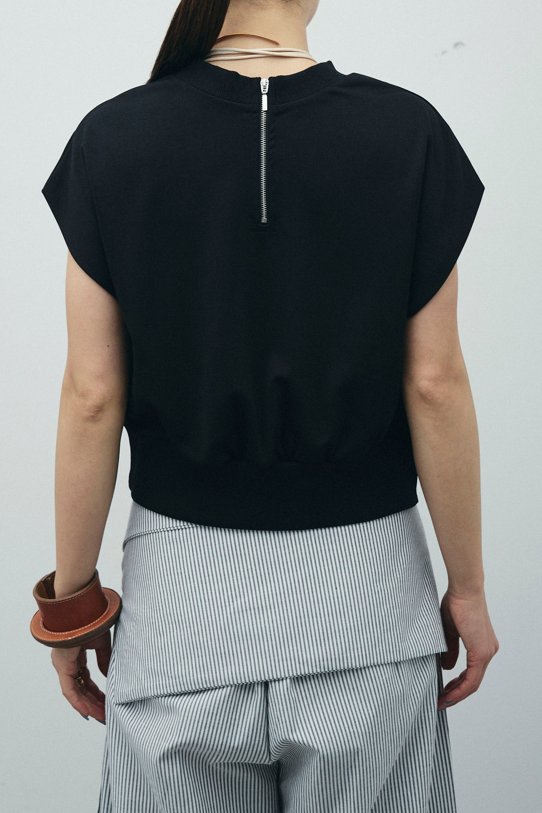 [予約/SET]前後2WAYポンチフレンチスリーブTシャツ+ウエスト巻きストライプワイドパンツ(2set)