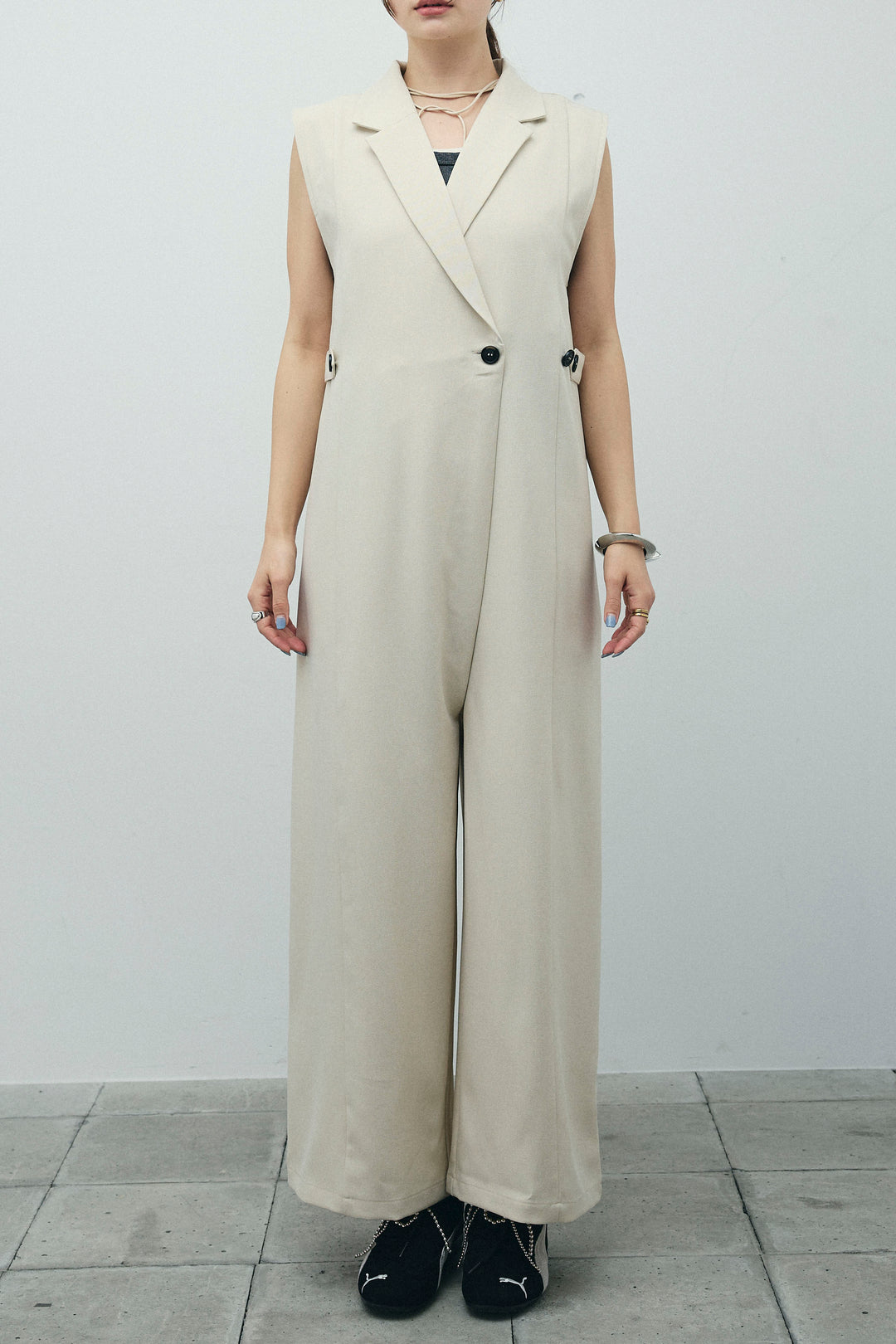 [予約/SET]ウエストデザインスリーブレスジャンプスーツ+テレコベーシックタンク+テレコベーシックタンク(3set)