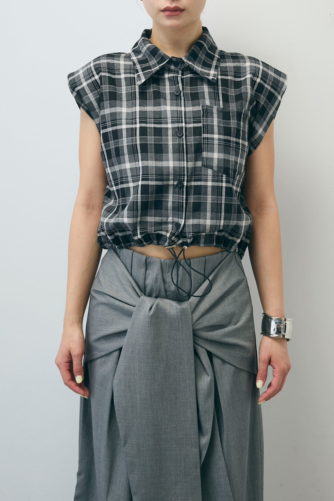 [予約/SET]シアーチェックショート丈ブラウス+フロントクロスタイトスカート(2set)