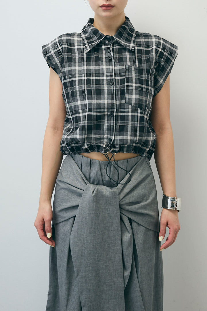 [予約/SET]シアーチェックショート丈ブラウス+クレープタックワイドサロペット(2set)