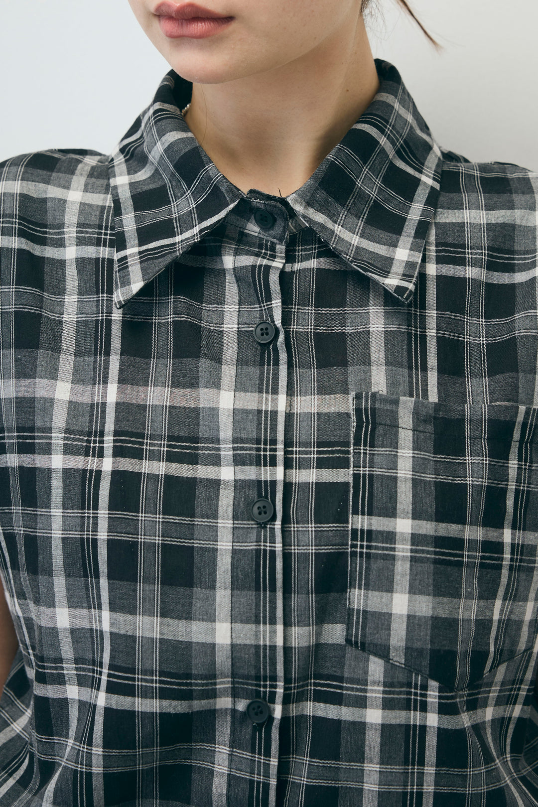 [予約/SET]シアーチェックショート丈ブラウス+フロントクロスタイトスカート(2set)