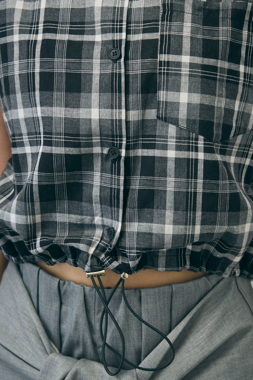 [予約/SET]シアーチェックショート丈ブラウス+クレープタックワイドサロペット(2set)