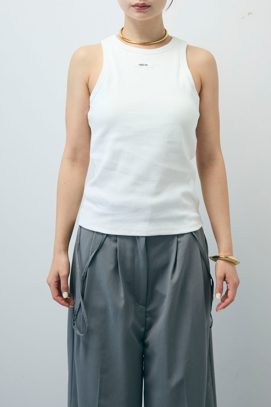 [予約/SET]リネンタッチテーラードジレ+マットサテンサイドタックキャミ+ネーム入りアメスリタンク+ニットベア2wayパンツ(4set)