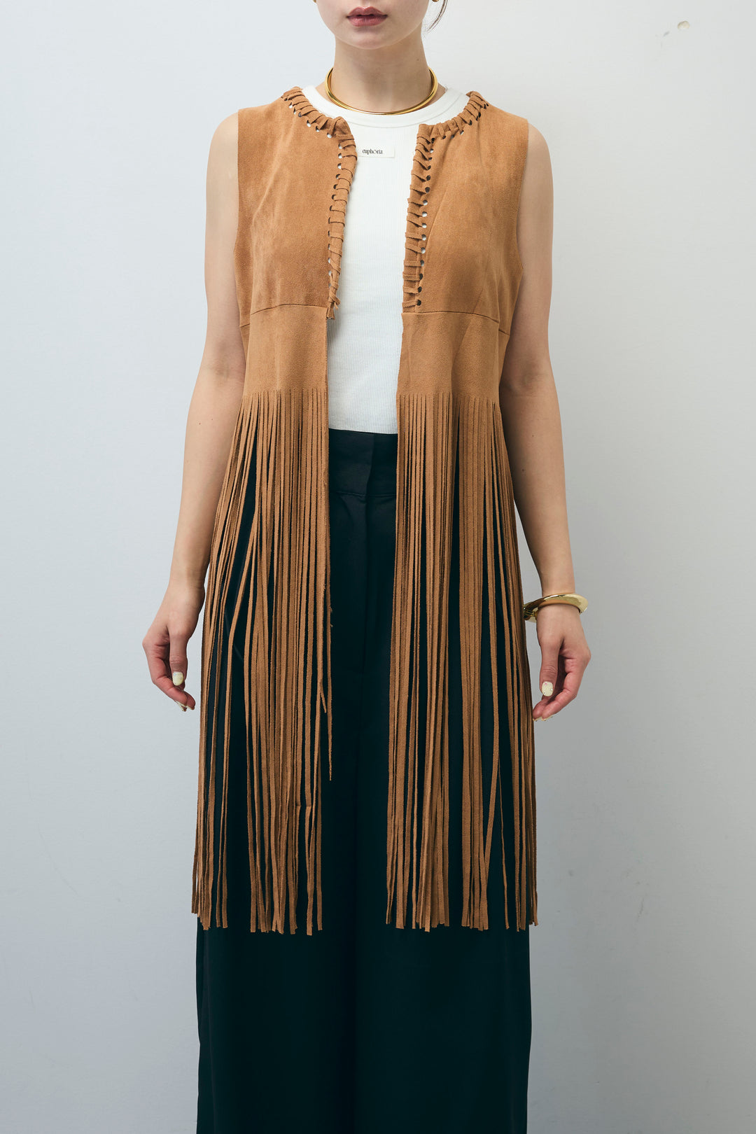 [予約/SET]スウェードライクロングフリンジジレ+ネーム入りアメスリタンク+クレープタックワイドサロペット(3set)