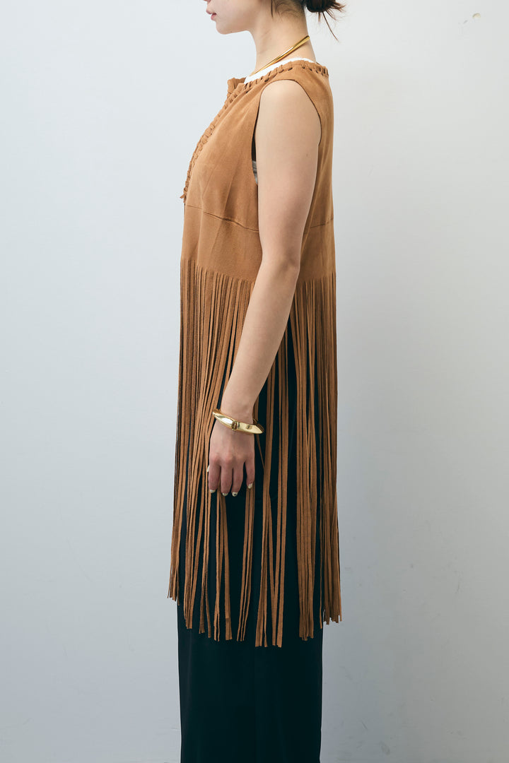 [予約/SET]スウェードライクロングフリンジジレ+ネーム入りアメスリタンク+クレープタックワイドサロペット(3set)