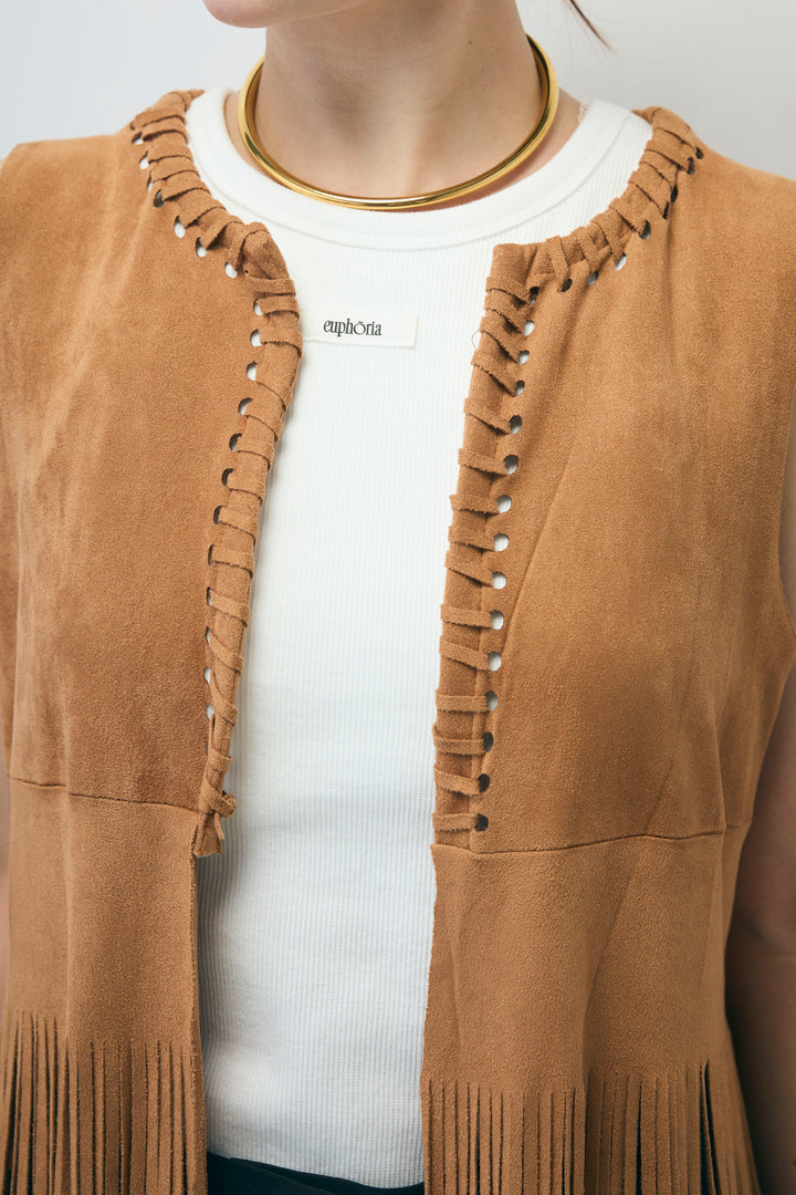 [予約]スウェードライクロングフリンジジレ