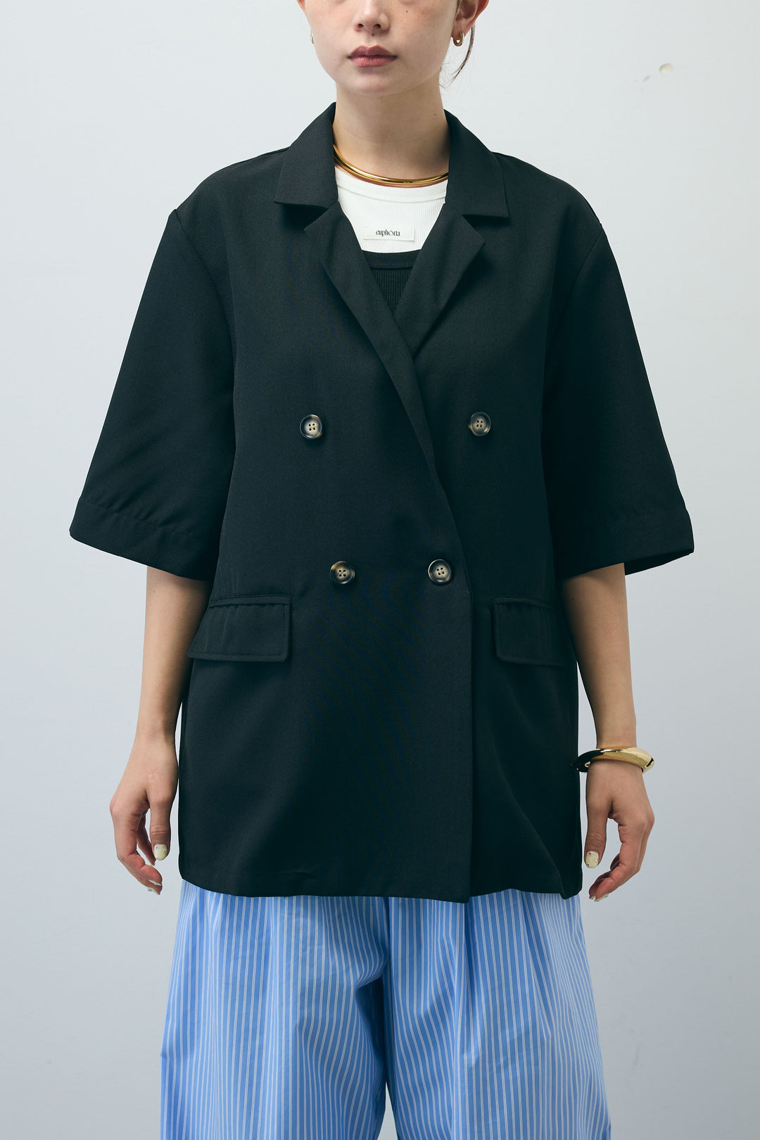 [予約/SET]半袖ダブルテーラードJK+チェックパンツ(2set)