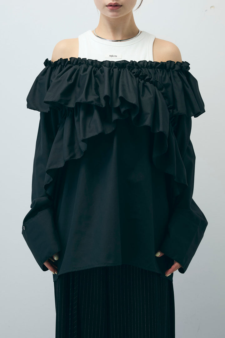 [予約/SET]TCブロード2wayフリルオフショルブラウス+ストライプ イージー ワイド パンツ(2set)