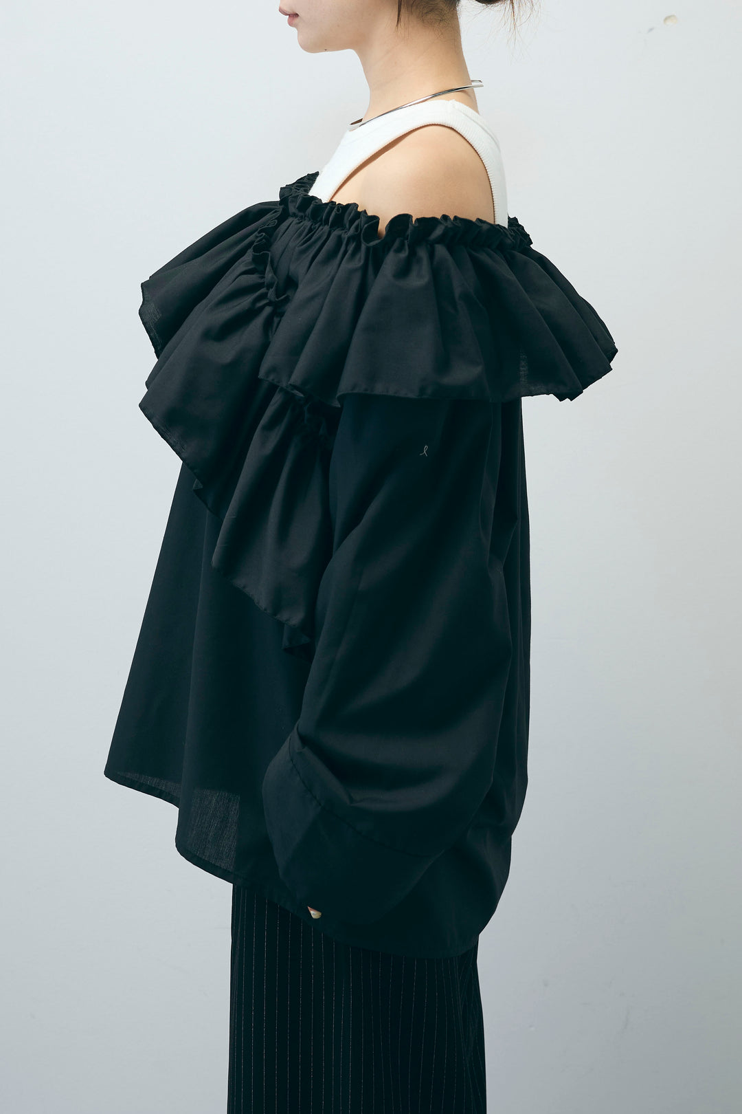 [予約/SET]TCブロード2wayフリルオフショルブラウス+ダブルベルトストライプパンツ(2set)