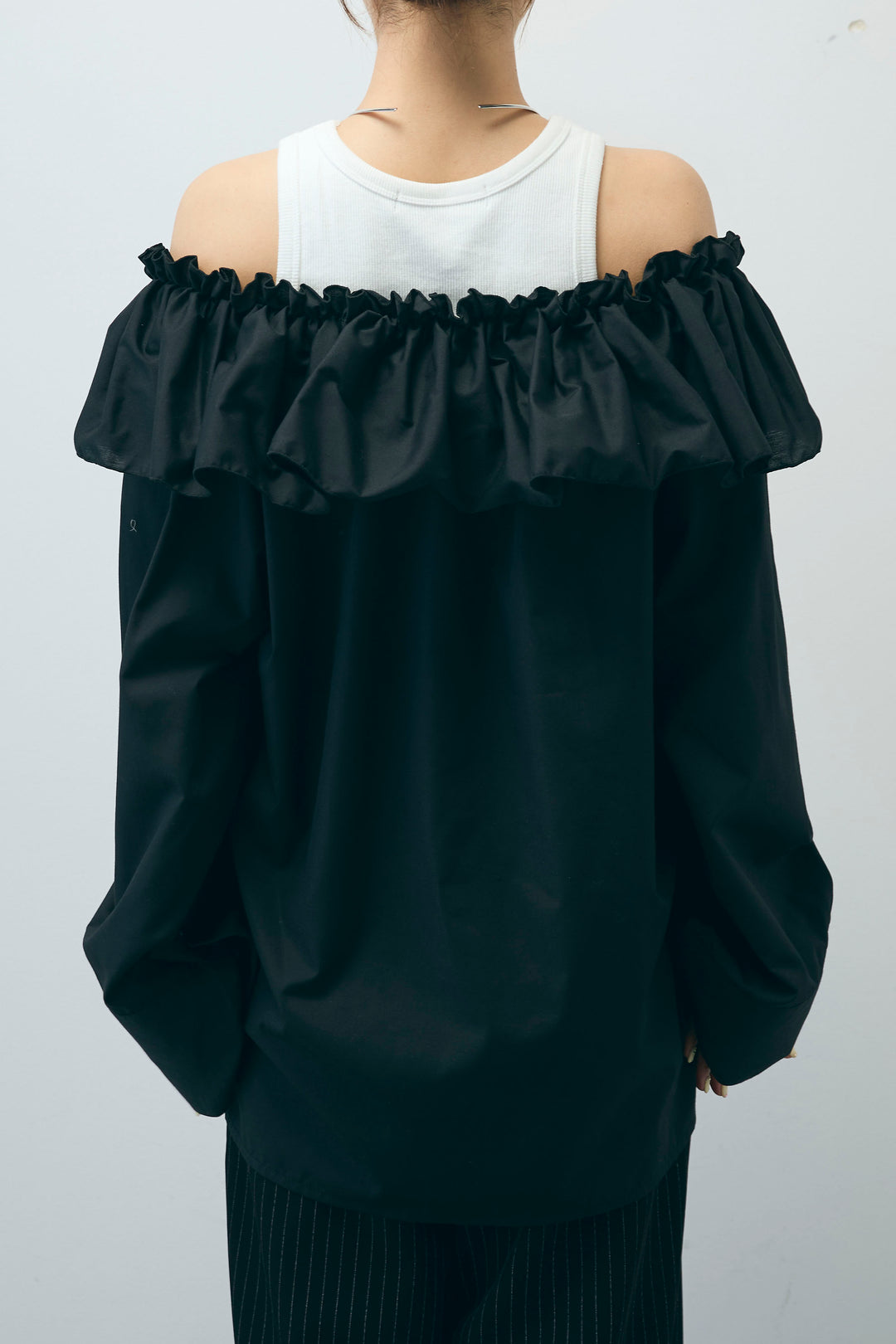 [予約/SET]TCブロード2wayフリルオフショルブラウス+ダブルベルトストライプパンツ(2set)