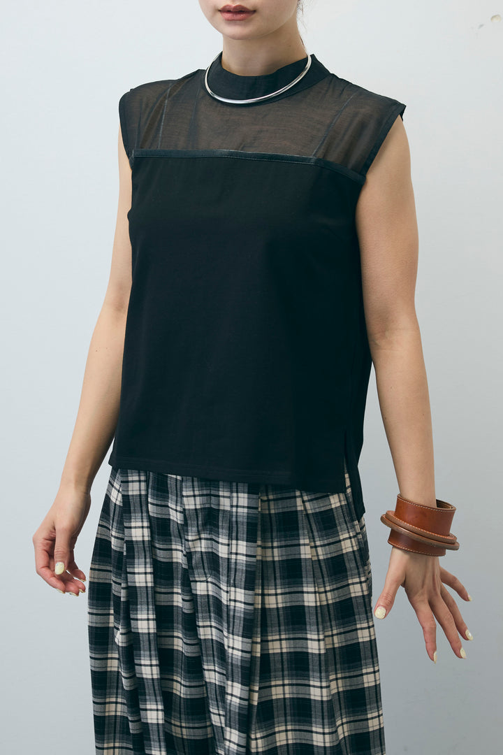 [予約/SET]シアー切替えノースリーブ+チェックパンツ(2set)