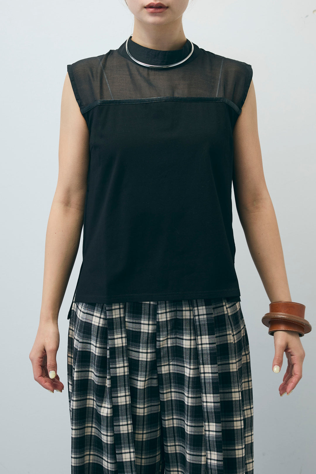 [予約/SET]シアー切替えノースリーブ+チェックパンツ(2set)