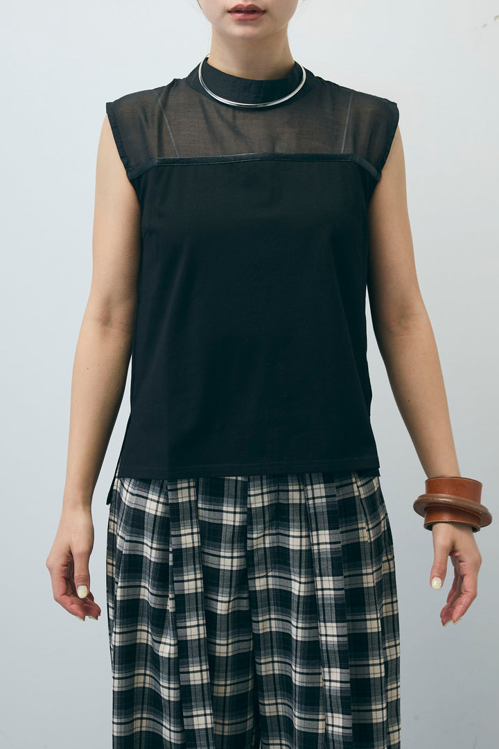 [予約/SET]シアー切替えノースリーブ+チェックパンツ(2set)