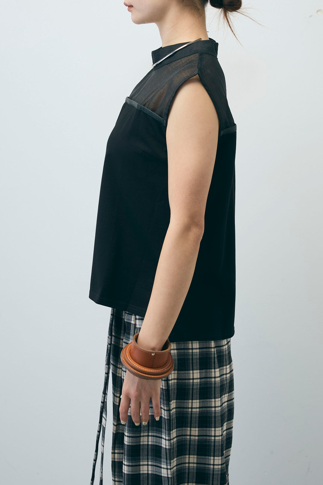 [予約/SET]シアー切替えノースリーブ+チェックパンツ(2set)