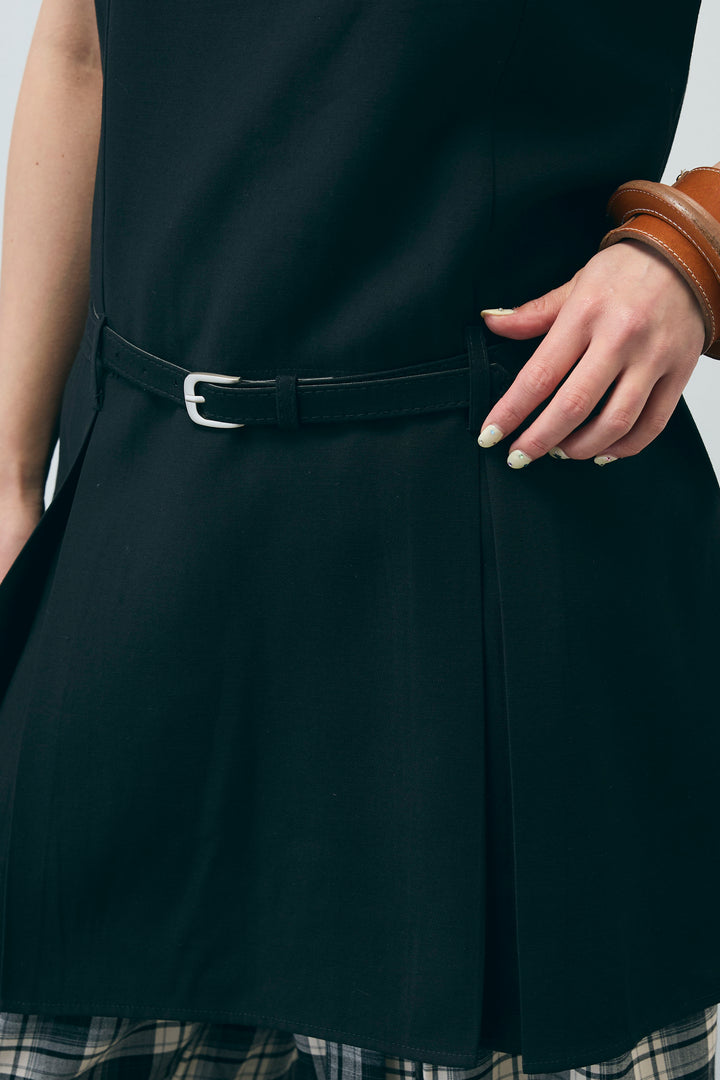 [予約/SET]ベルト付きプリーツチュニック+チェックパンツ(2set)