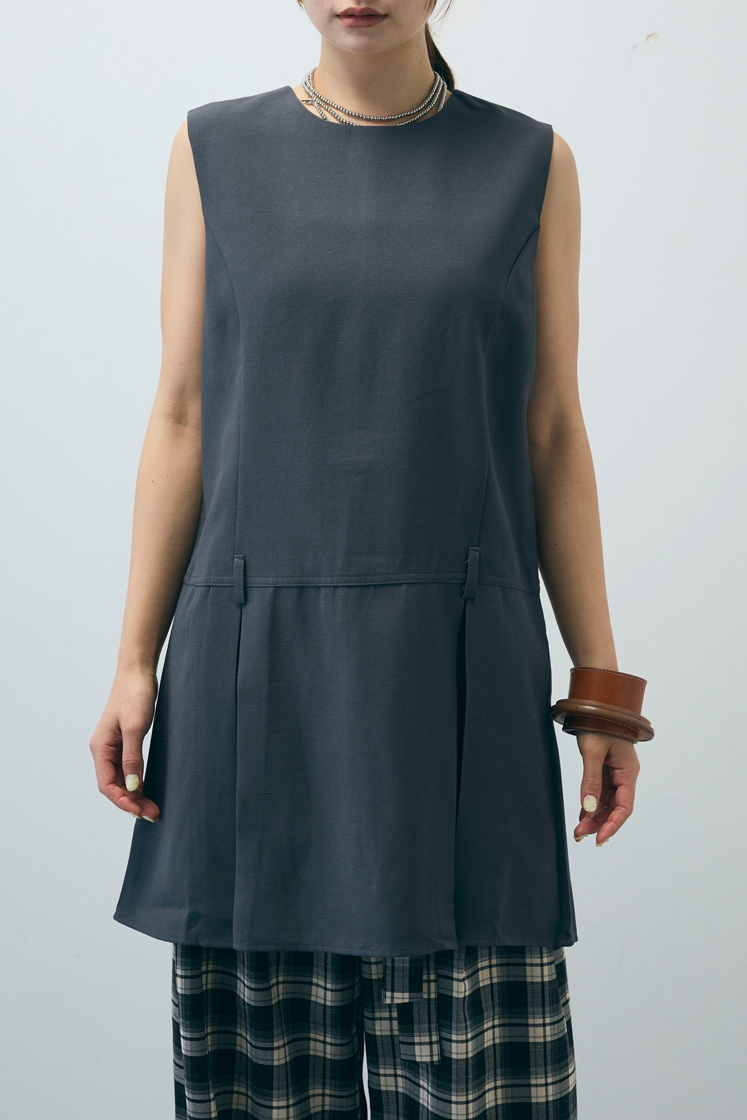 [予約/SET]ベルト付きプリーツチュニック+チェックパンツ(2set)