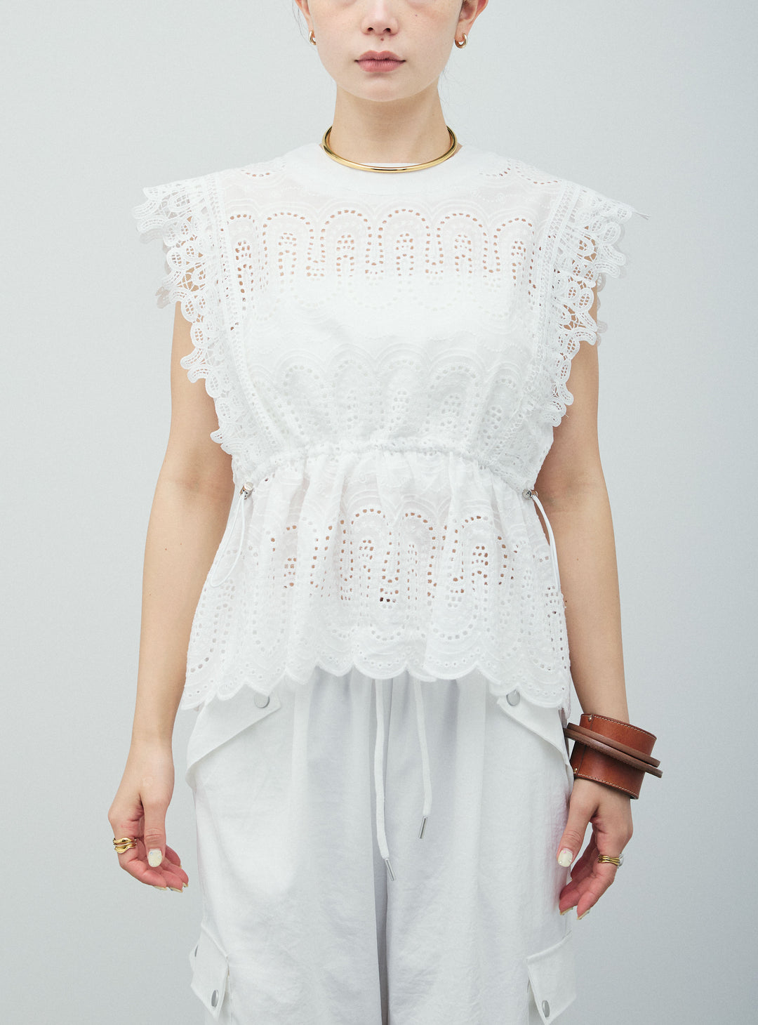 [予約/SET]エンブロイダリーレースブラウス+カーゴパンツ(2set)