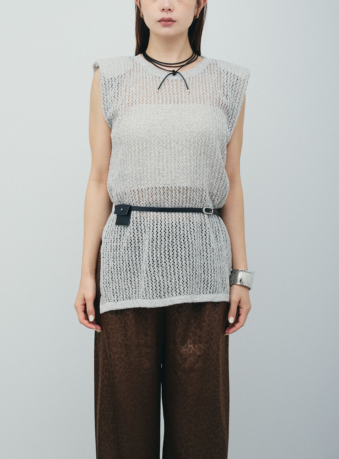 [予約/SET]ベルト付きノースリニット+フェイクサテンレオパードワイドパンツ(2set)