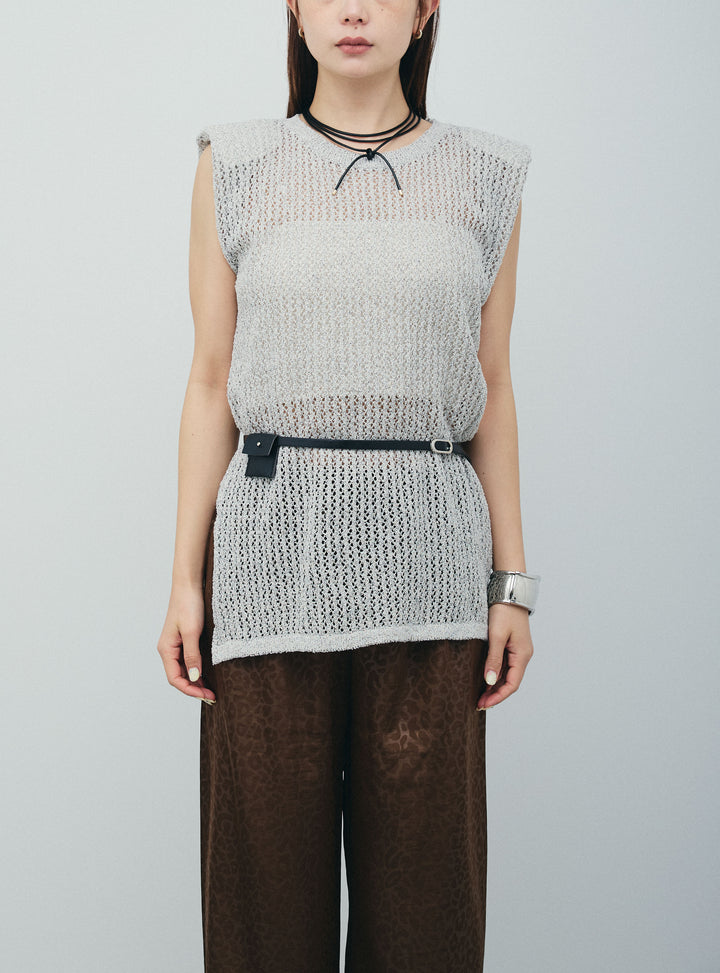 [予約/SET]ベルト付きノースリニット+フェイクサテンレオパードワイドパンツ(2set)