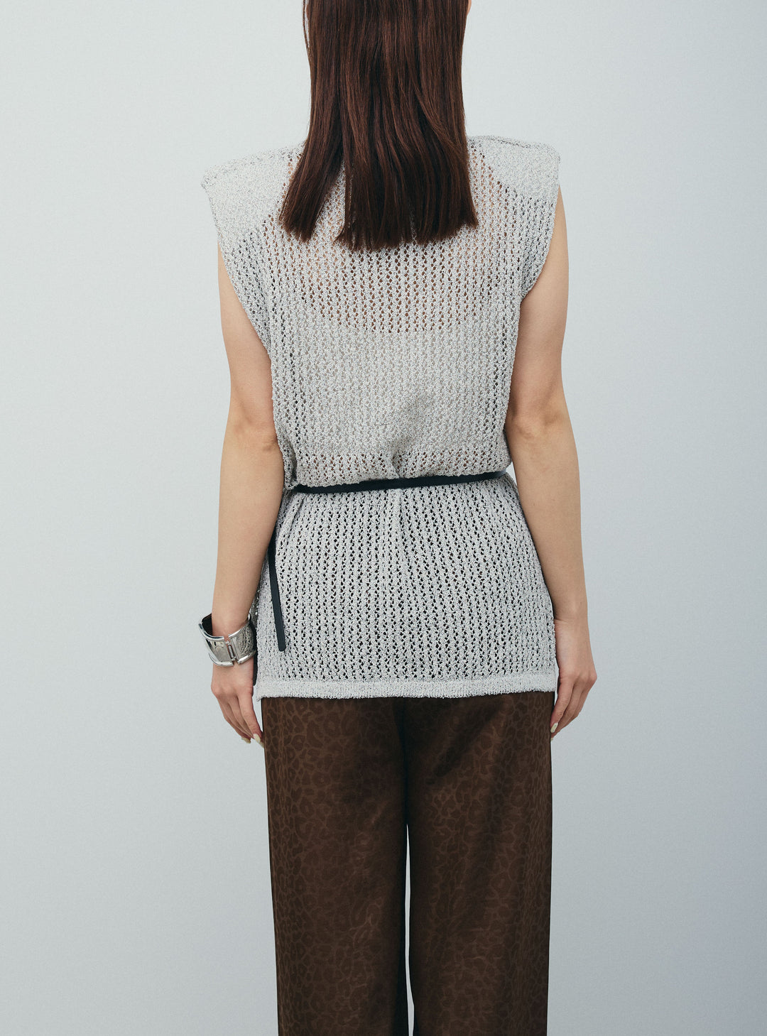 [予約/SET]ベルト付きノースリニット+フェイクサテンレオパードワイドパンツ(2set)