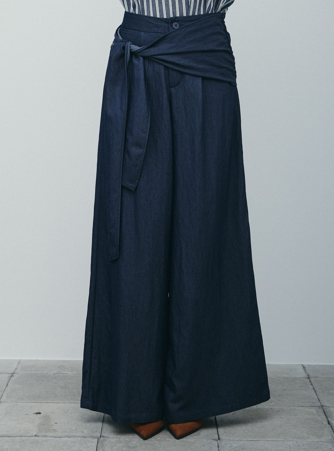 [予約/SET]ダブルストライプホルターブラウス+サイドラップワイドパンツ(2set)