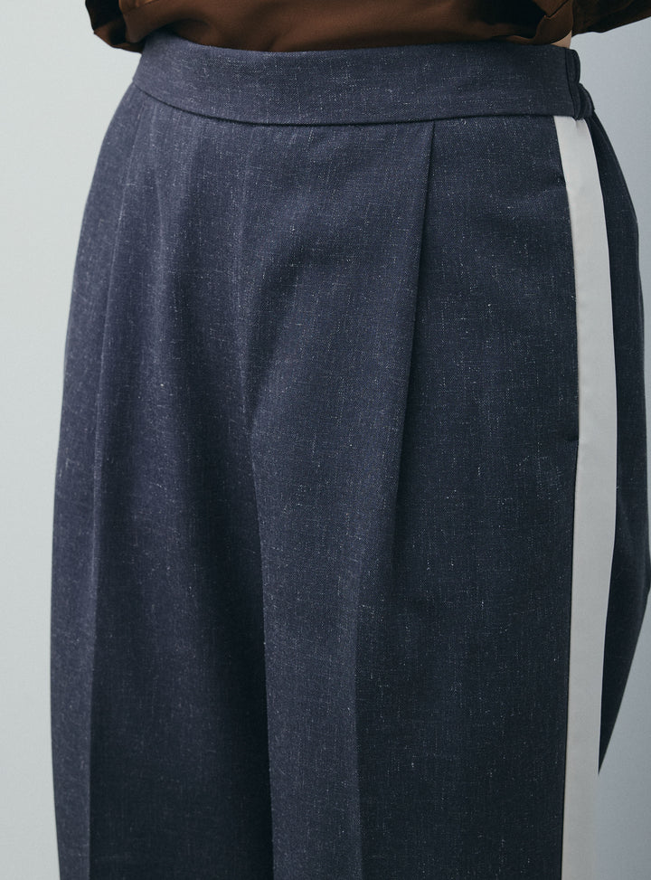 [予約/SET]アシンメトリードレープサテンブラウス+リネン混2WAYサイドラインパンツ(2set)