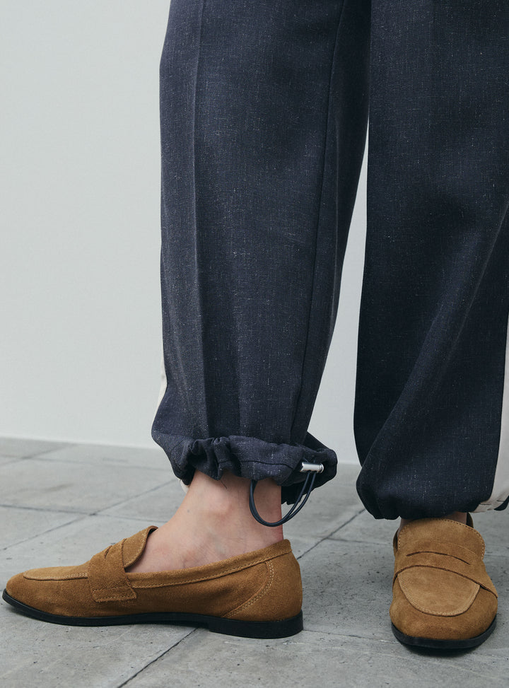 [予約/SET]アシンメトリードレープサテンブラウス+リネン混2WAYサイドラインパンツ(2set)