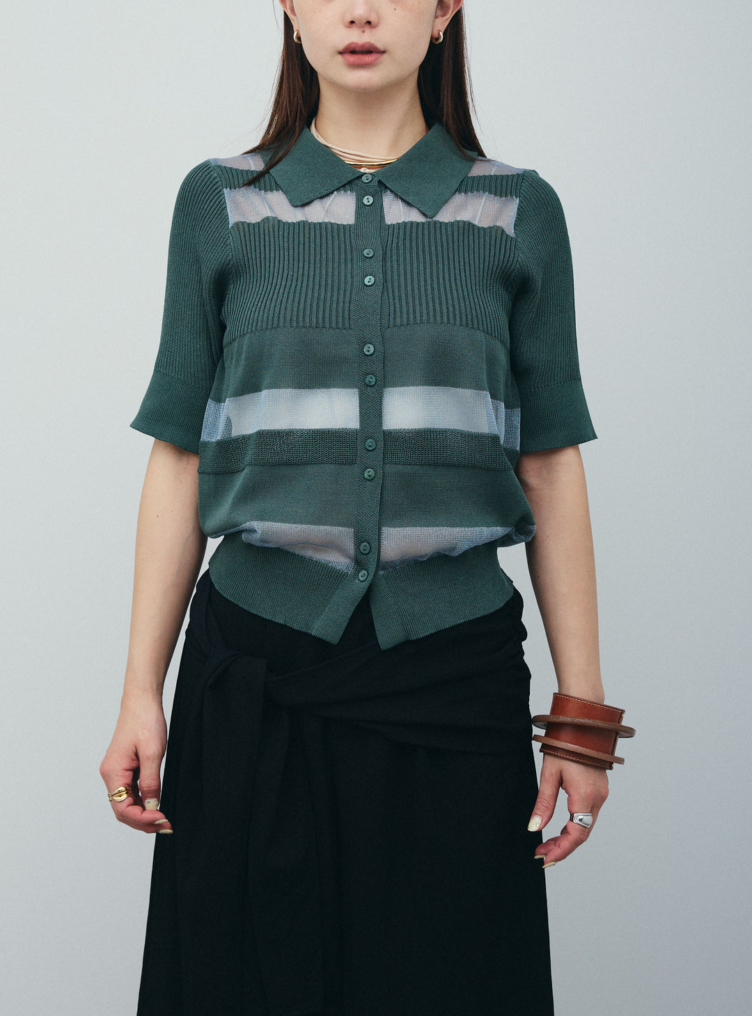 [予約/SET]シアーミックス編みニットポロ+剣先三角シルクニットタイ+サイドラップワイドパンツ(3set)