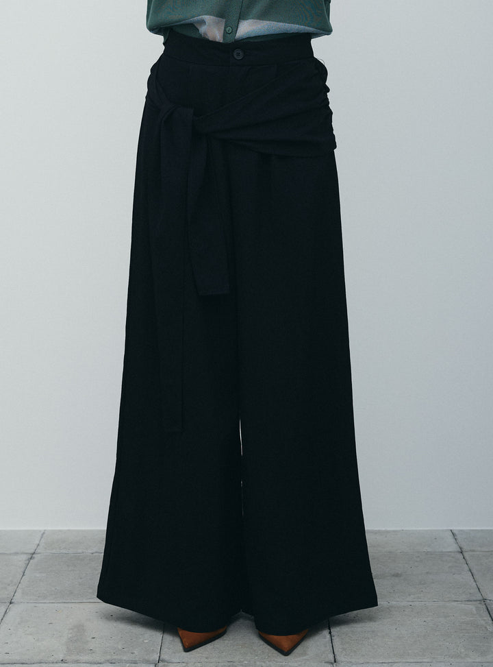 [予約/SET]シアーミックス編みニットポロ+サイドラップワイドパンツ(2set)